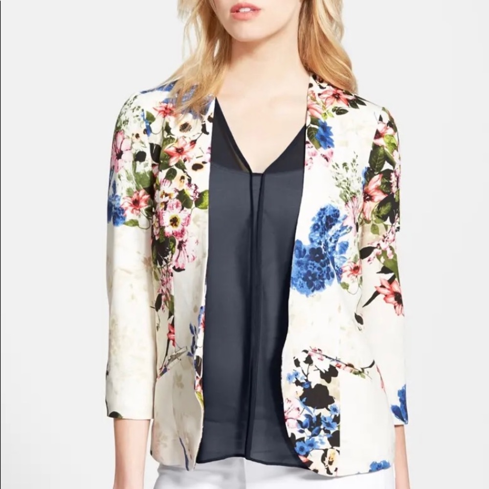 Ro & De White Floral Open Front Blazer XS 3/4 Slv